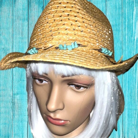 Cute straw fedora with turquoise beaded band! - Picture 7 of 8